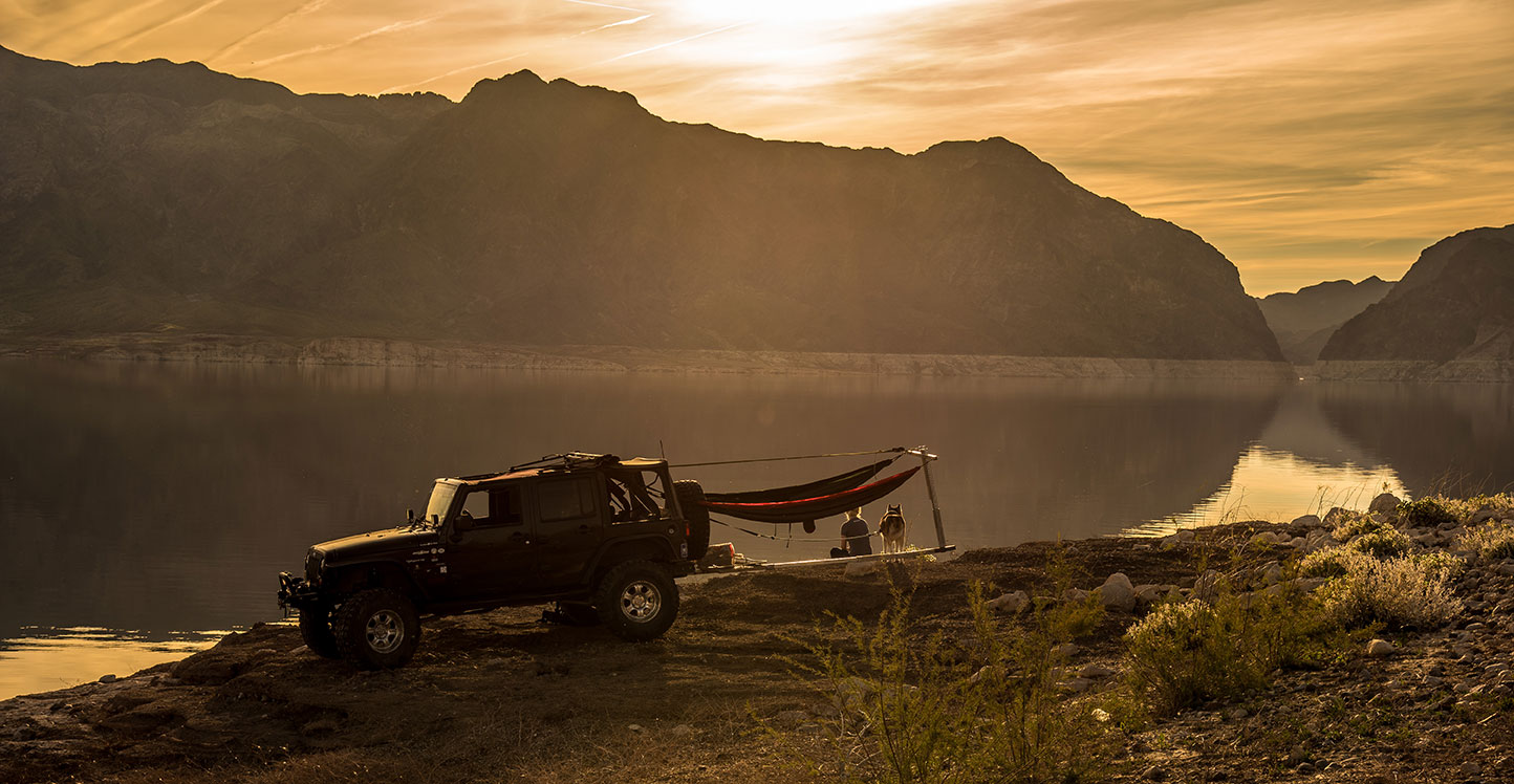 Hammock Camping Lake Mead. Lifestyle Adventure Photographer Daniel Britton, Jeep, Lakeside